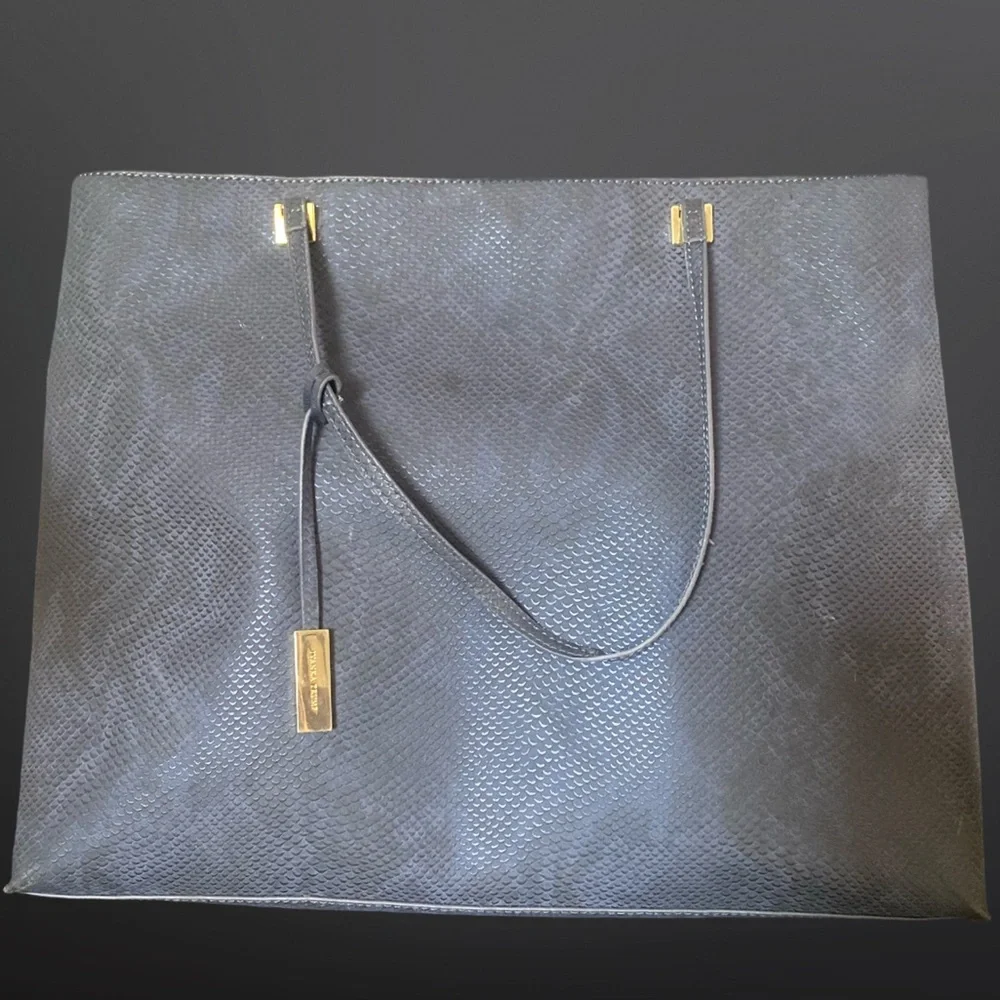 Ivanka Trump Blue Leather Tote Bag with Gold Detailing and Jacquard Interior - Picture 1 of 4